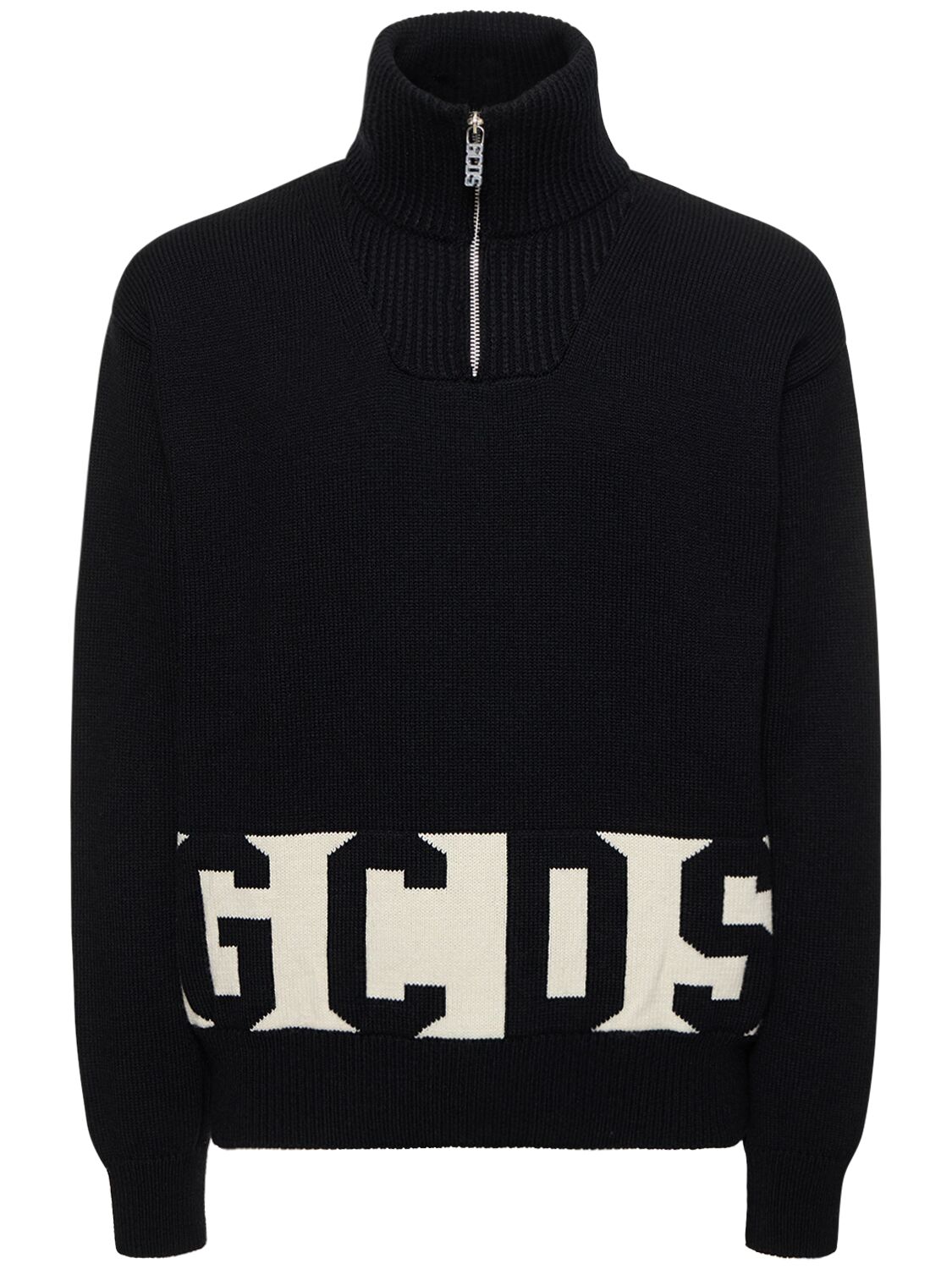 Gcds Logo Low Band Half-zip Wool Knit Sweater In Black