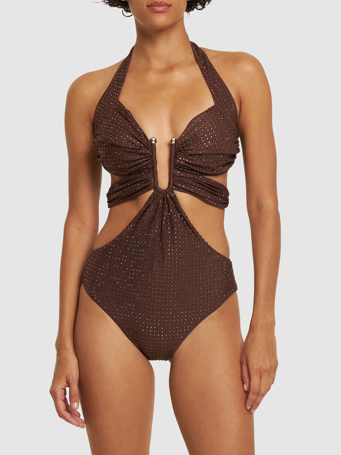 Shop Self-portrait Embellished Cutout One Piece Swimsuit In Brown