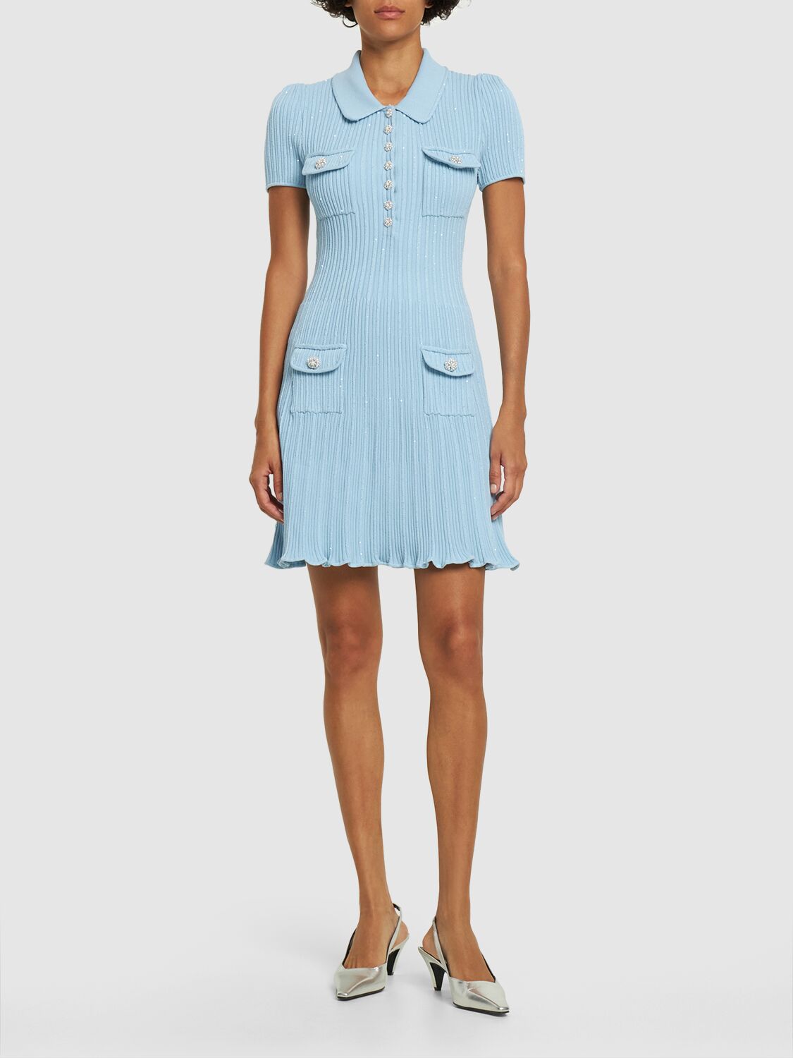 Shop Self-portrait Sequined Viscose Blend Knit Mini Dress In Blue