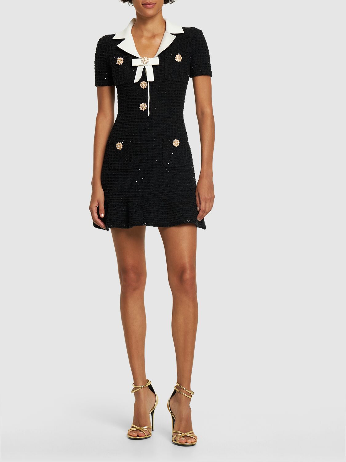 Shop Self-portrait Knit Mini Dress W/bow In Black