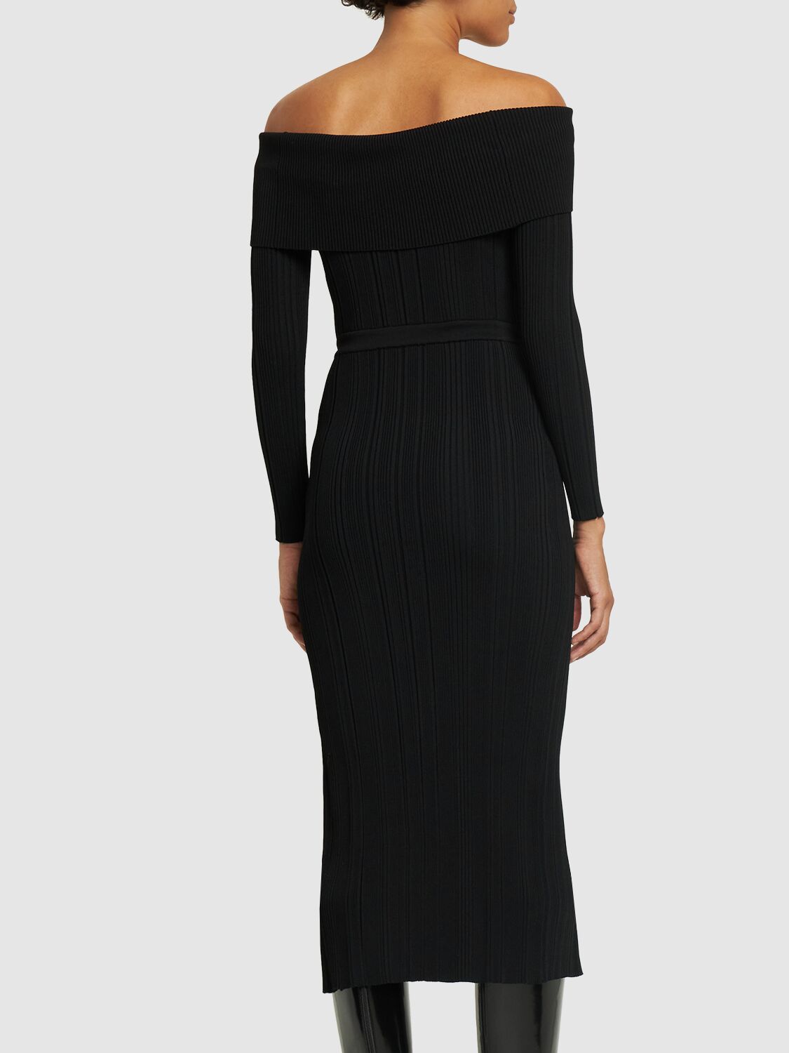 Shop Self-portrait Off-shoulder Knit Midi Dress In Black