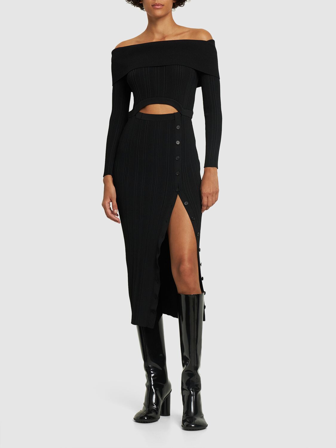 Shop Self-portrait Off-shoulder Knit Midi Dress In Black