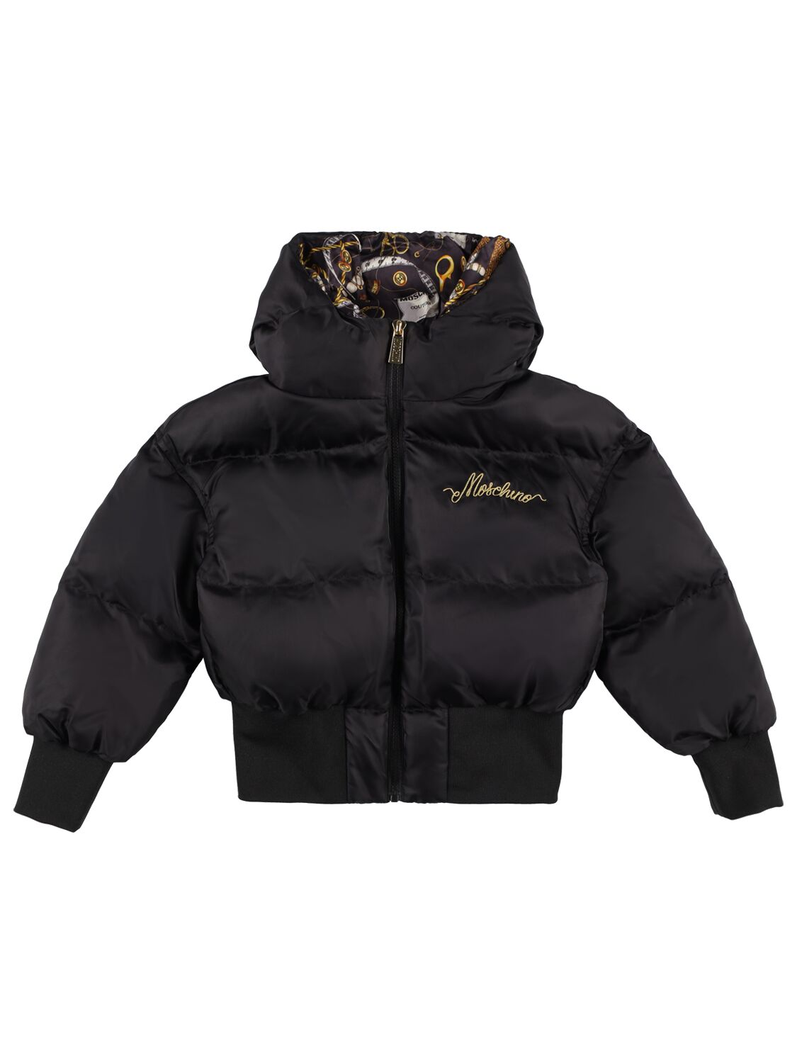 Shop Moschino Embroidered Logo Nylon Puffer Jacket In Black