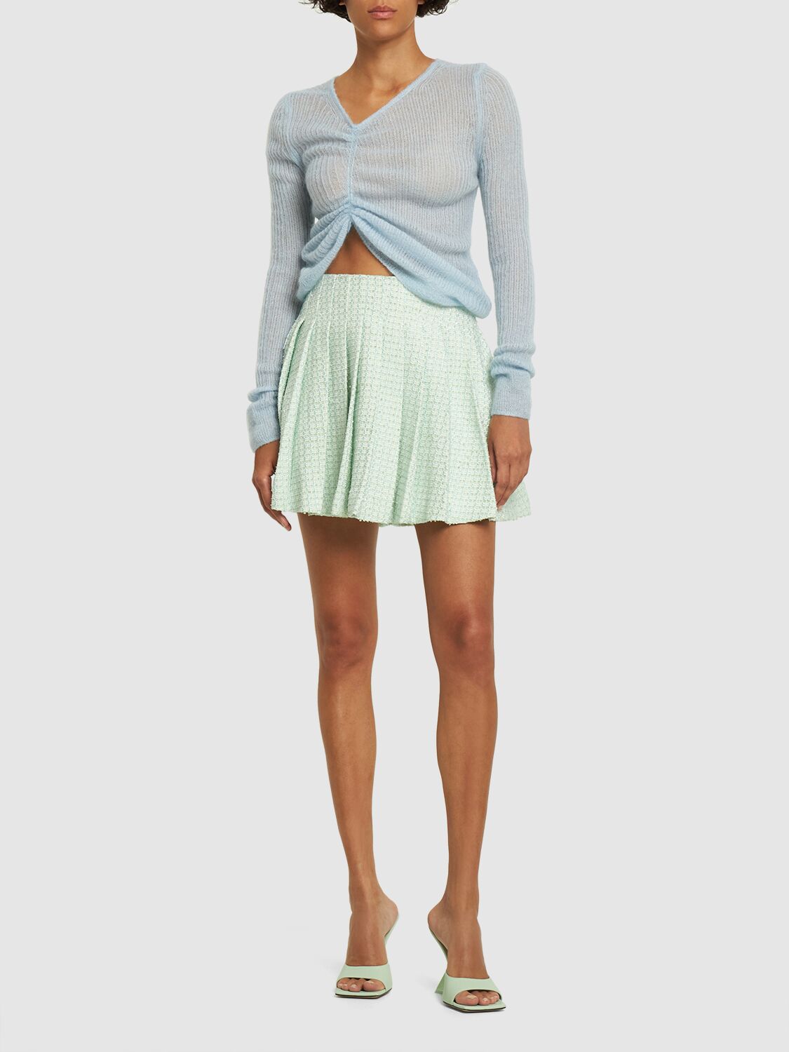 Shop Self-portrait Pleated Bouclé Mini Skirt In Blue