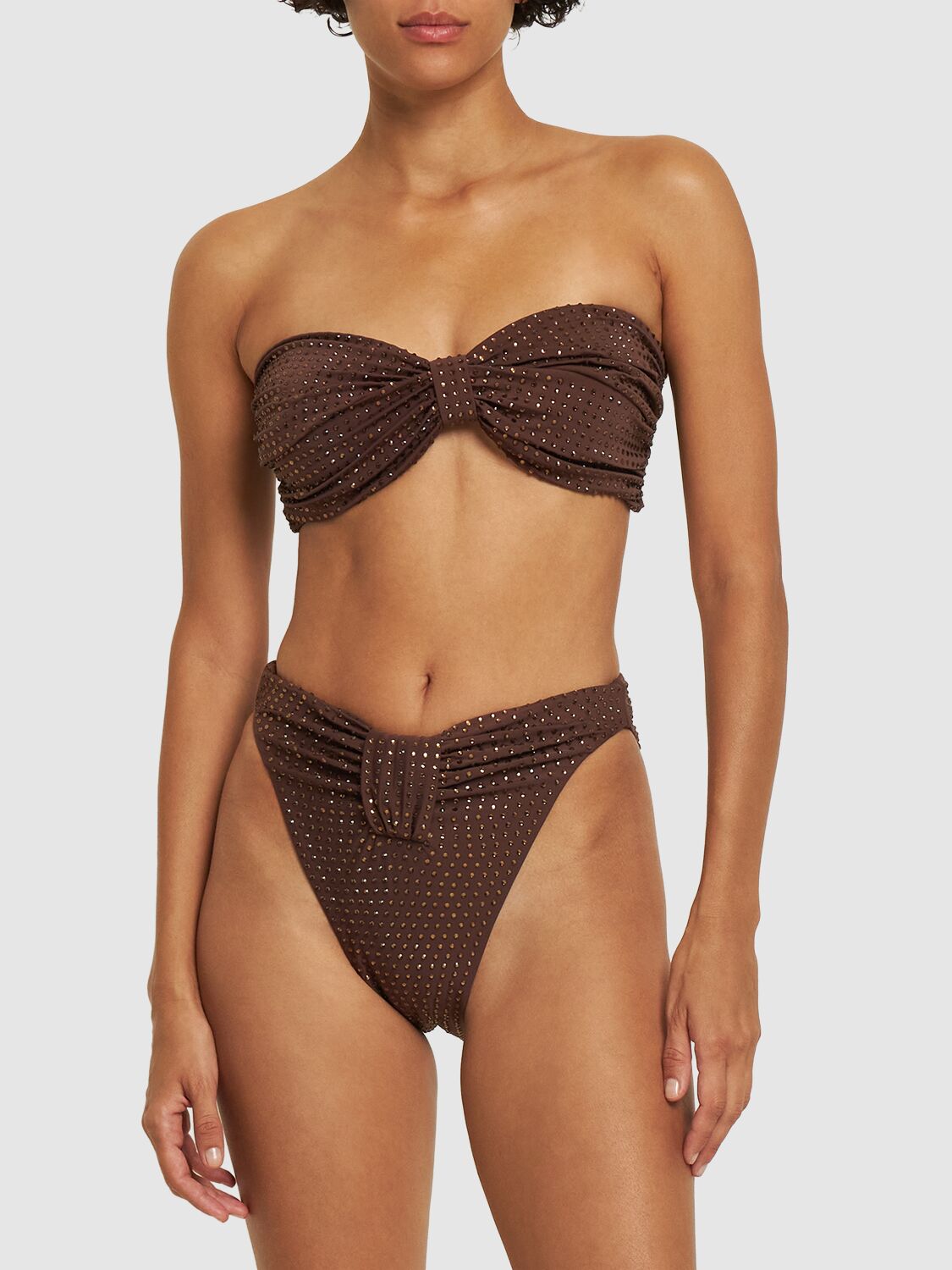 Shop Self-portrait Embellished Bandeau Bikini Top In Brown
