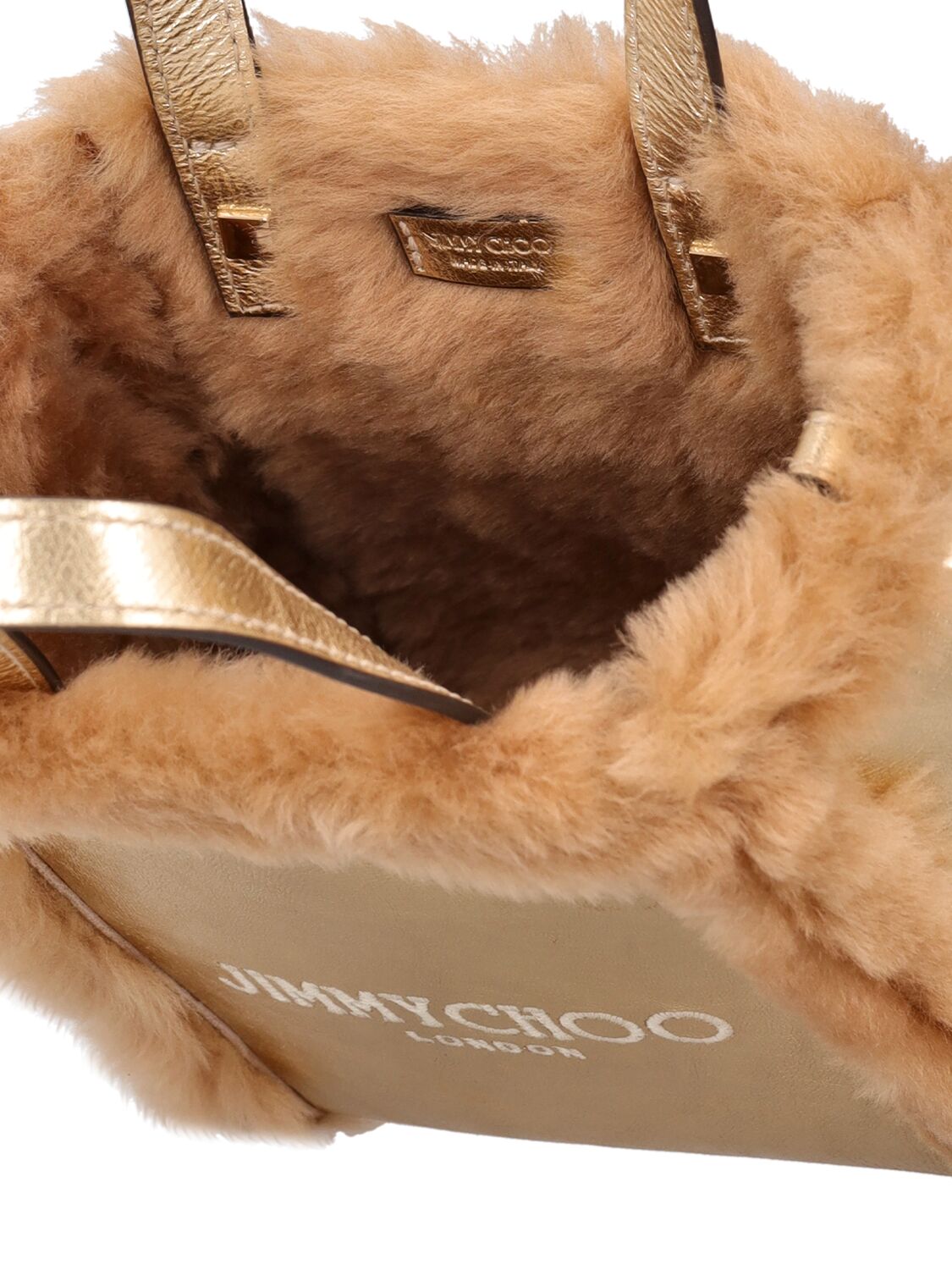 Shop Jimmy Choo Mini N/s Shearling Tote Bag In Gold,caramel