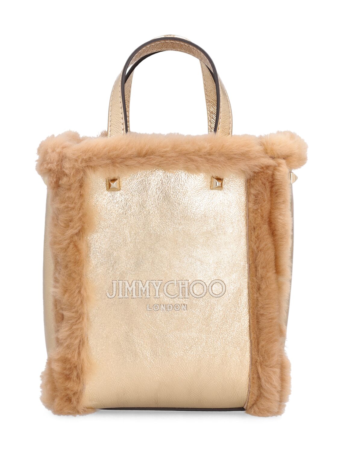 Shop Jimmy Choo Mini N/s Shearling Tote Bag In Gold,caramel