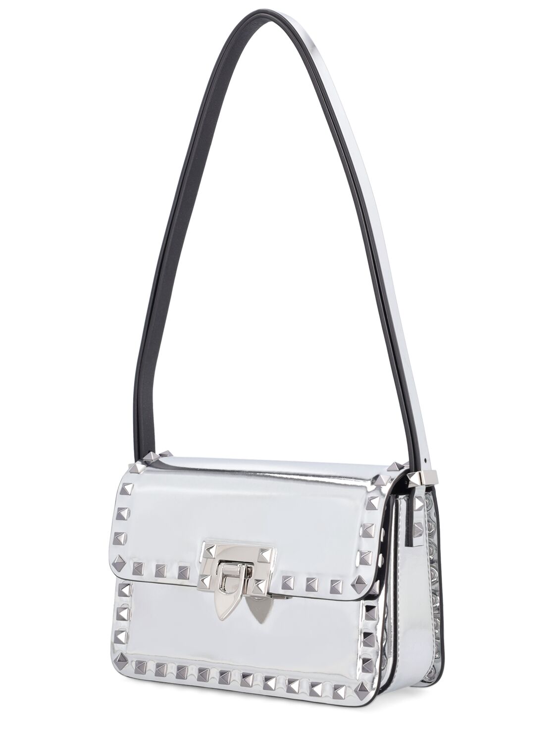 Shop Valentino Small Rockstud Mirror Shoulder Bag In Silver