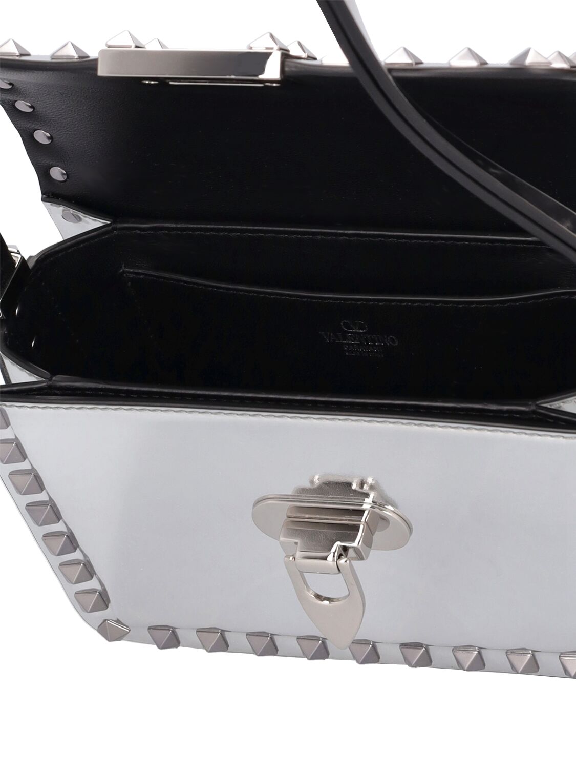 Shop Valentino Small Rockstud Mirror Shoulder Bag In Silver