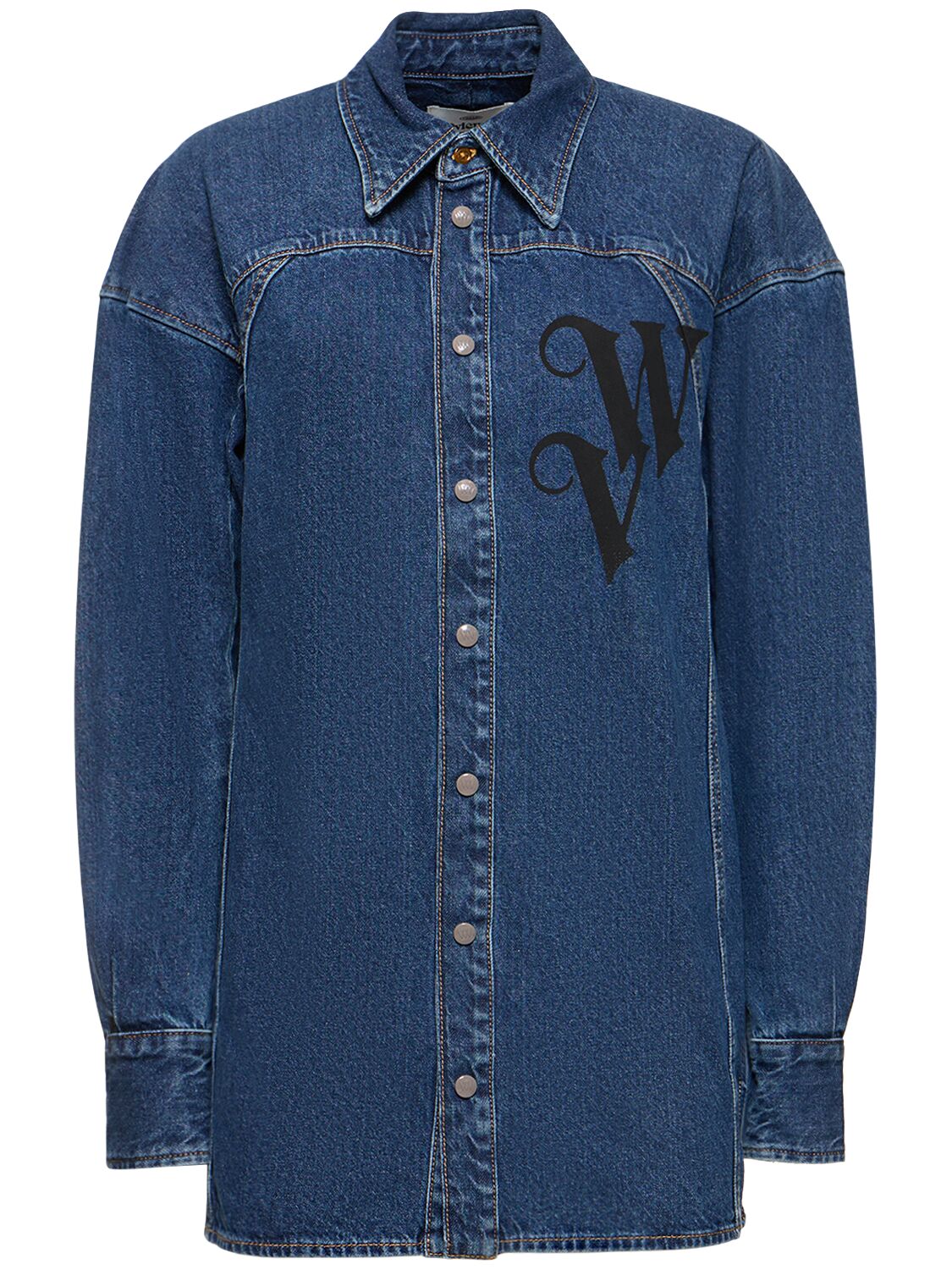 Shop Vivienne Westwood Logo Printed Cotton Denim Overshirt