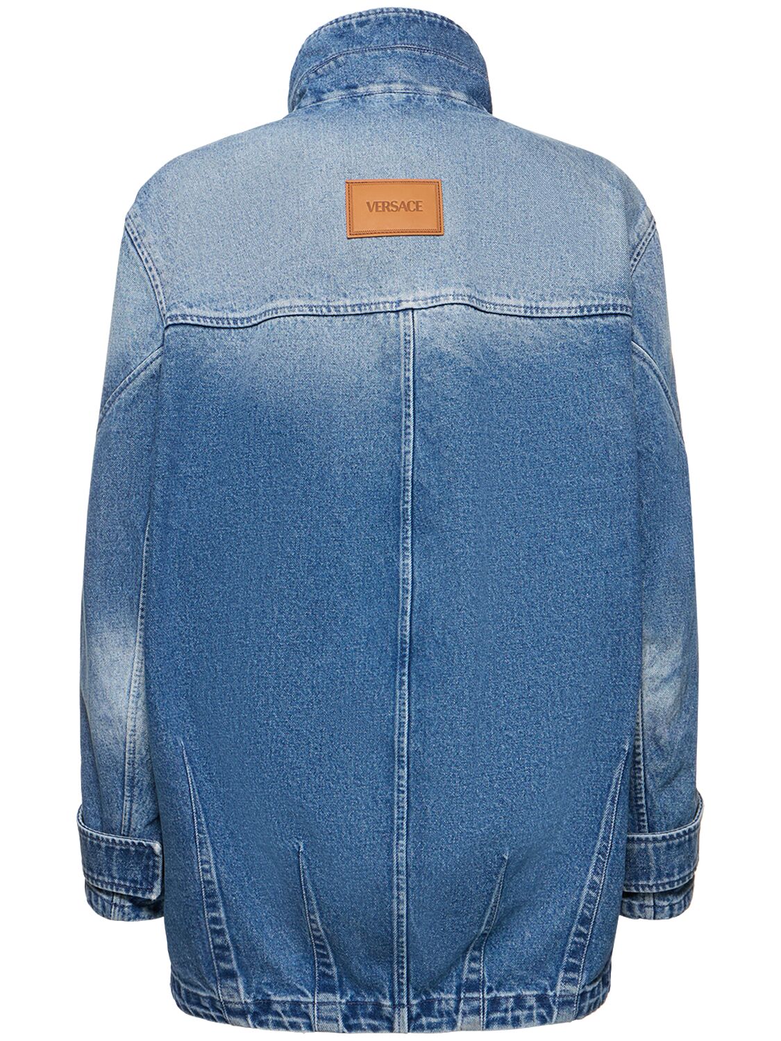 Shop Versace Denim High Neck Jacket In Blue