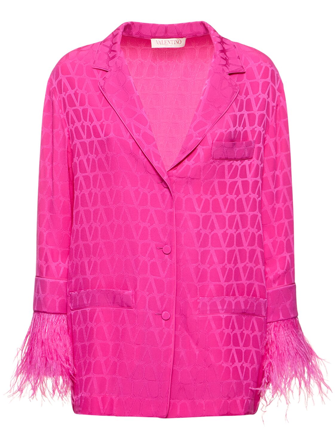 Shop Valentino Logo Jacquard Silk Shirt W/feathers In Pink