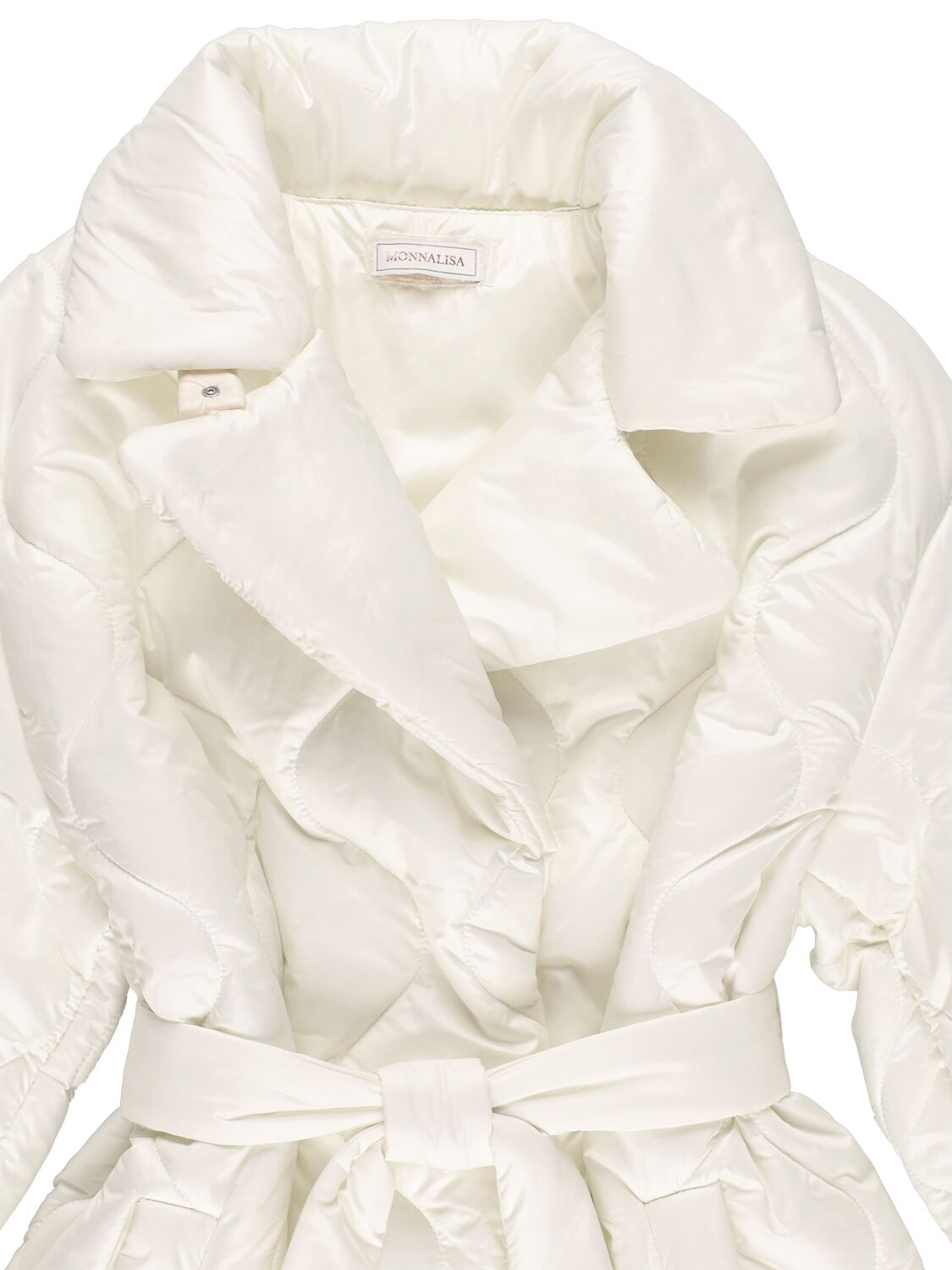 Shop Monnalisa Quilted Nylon Puffer Coat W/ Belt In White