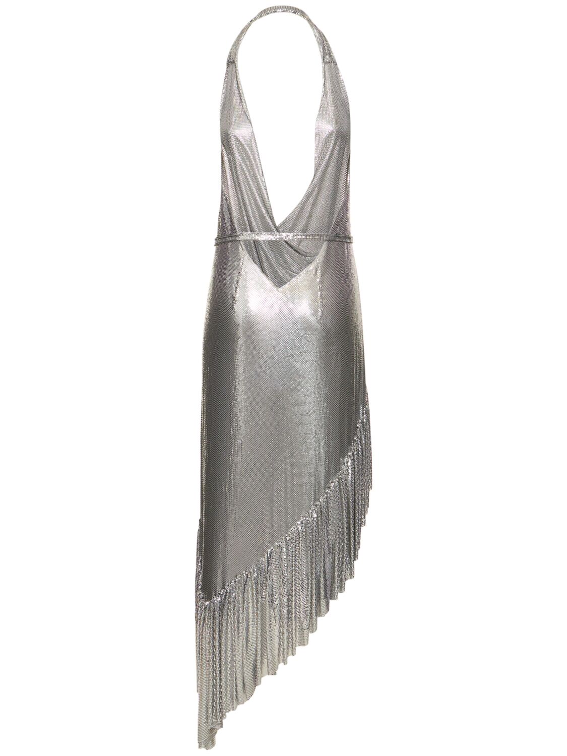 Paco Rabanne Asymmetric Ruffled Mesh Midi Dress Silver