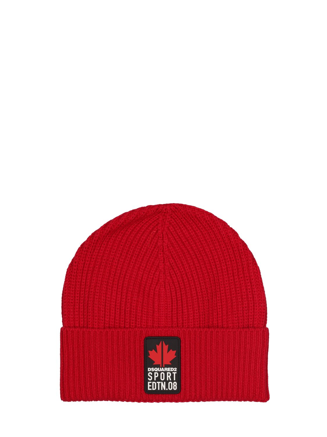 Dsquared2 Kids' Logo Patch Wool Blend Rib Knit Beanie In Red