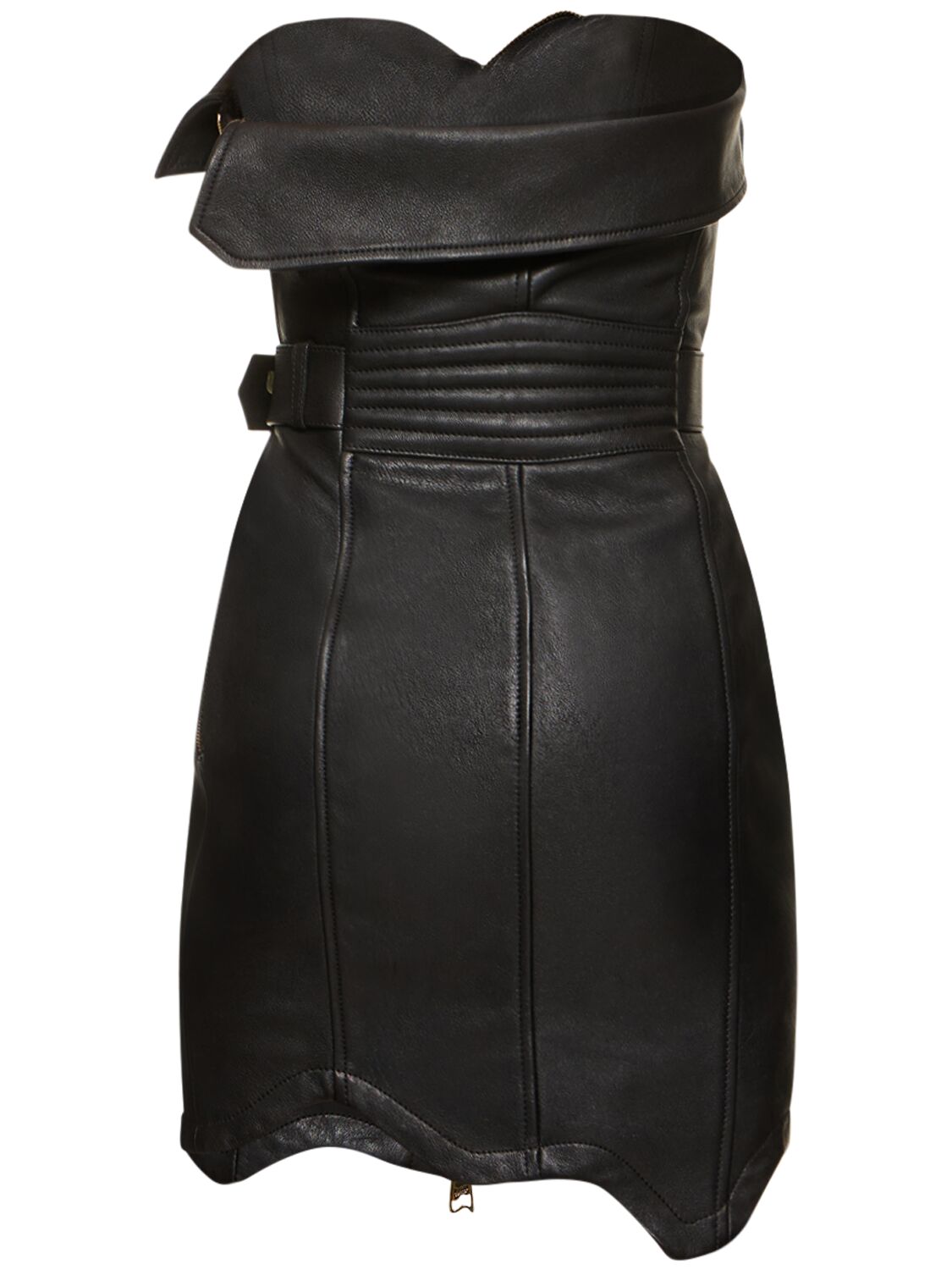 Shop Moschino Leather Strapless Mini Dress W/ Zip In Black