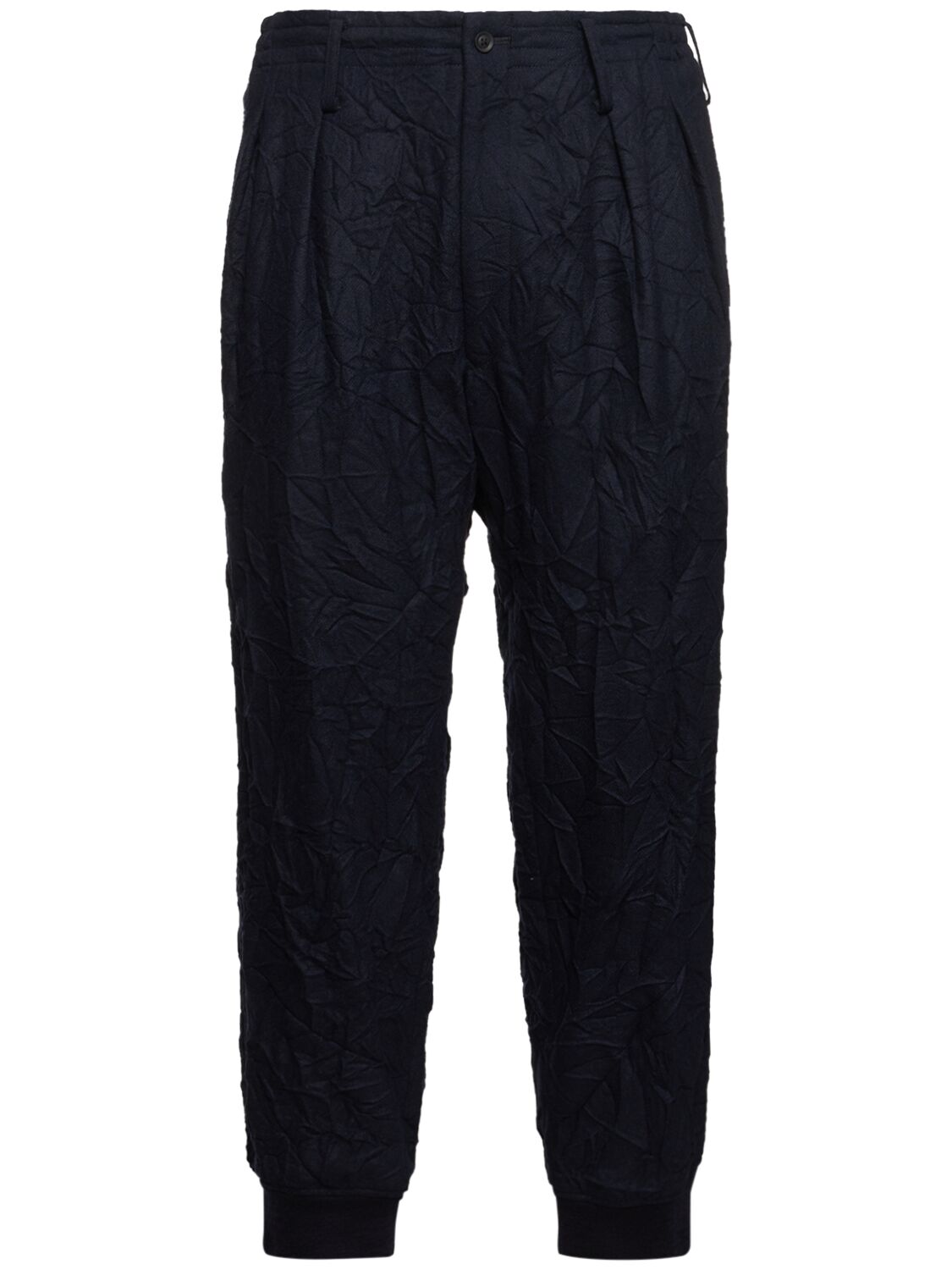 Yohji Yamamoto G-hem Wrinkled Wool Blend Flannel Trousers In Navy
