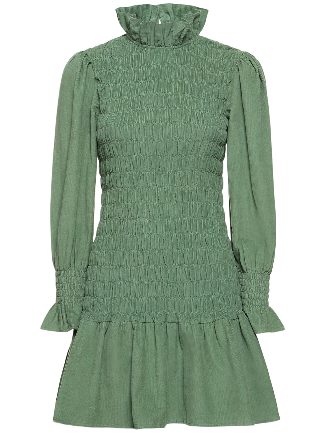 Maria De La Orden Aleria Smocked Corduroy Short Dress In Sage Green