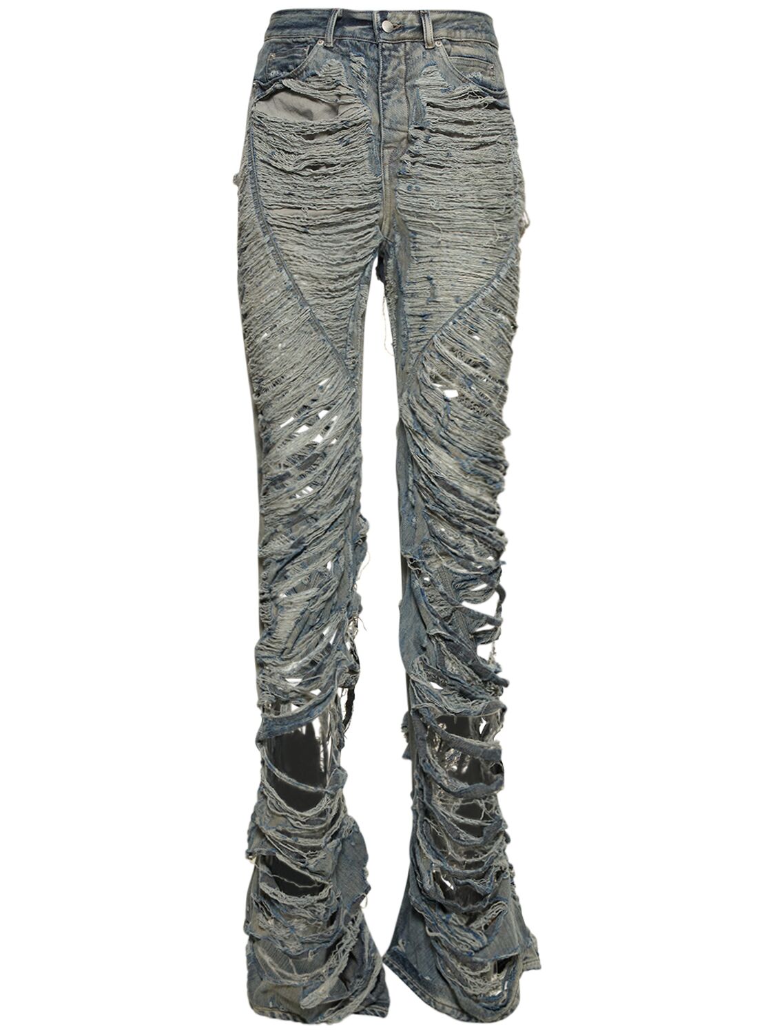 RICK OWENS BIAS BOOTCUT DISTRESSED DENIM JEANS