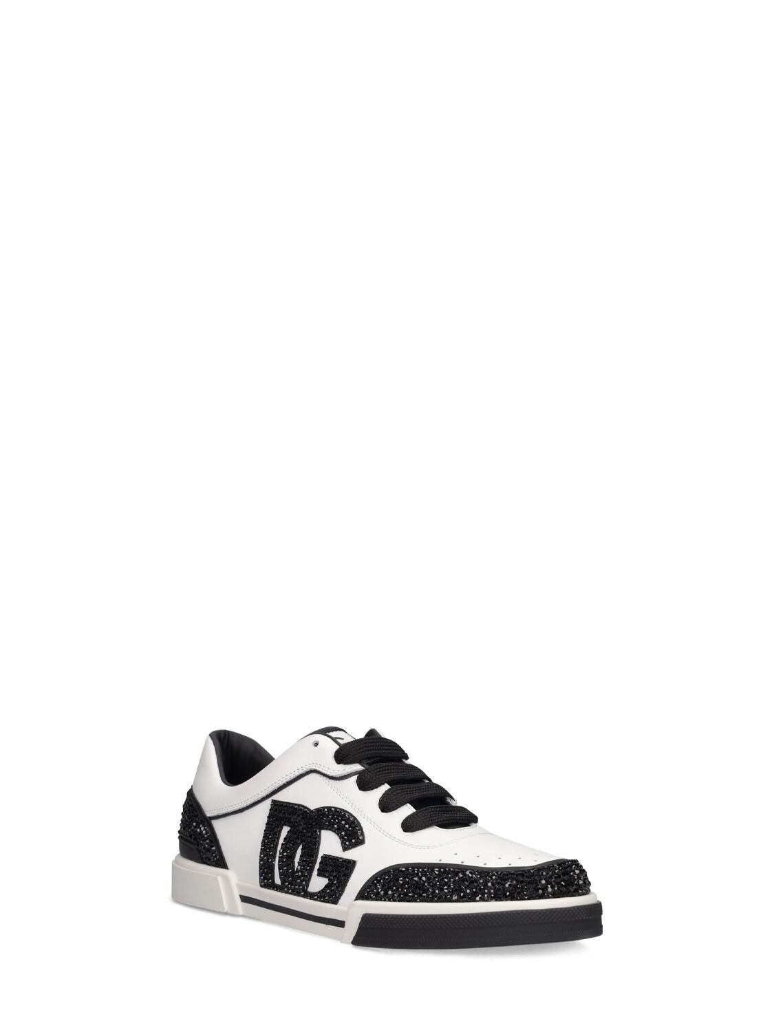 Shop Dolce & Gabbana Glitter Lace-up Leather Sneakers W/logo In Black,white
