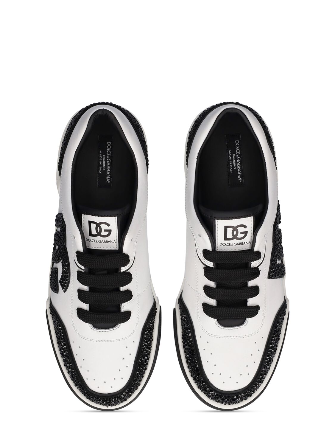 Shop Dolce & Gabbana Glitter Lace-up Leather Sneakers W/logo In Black,white