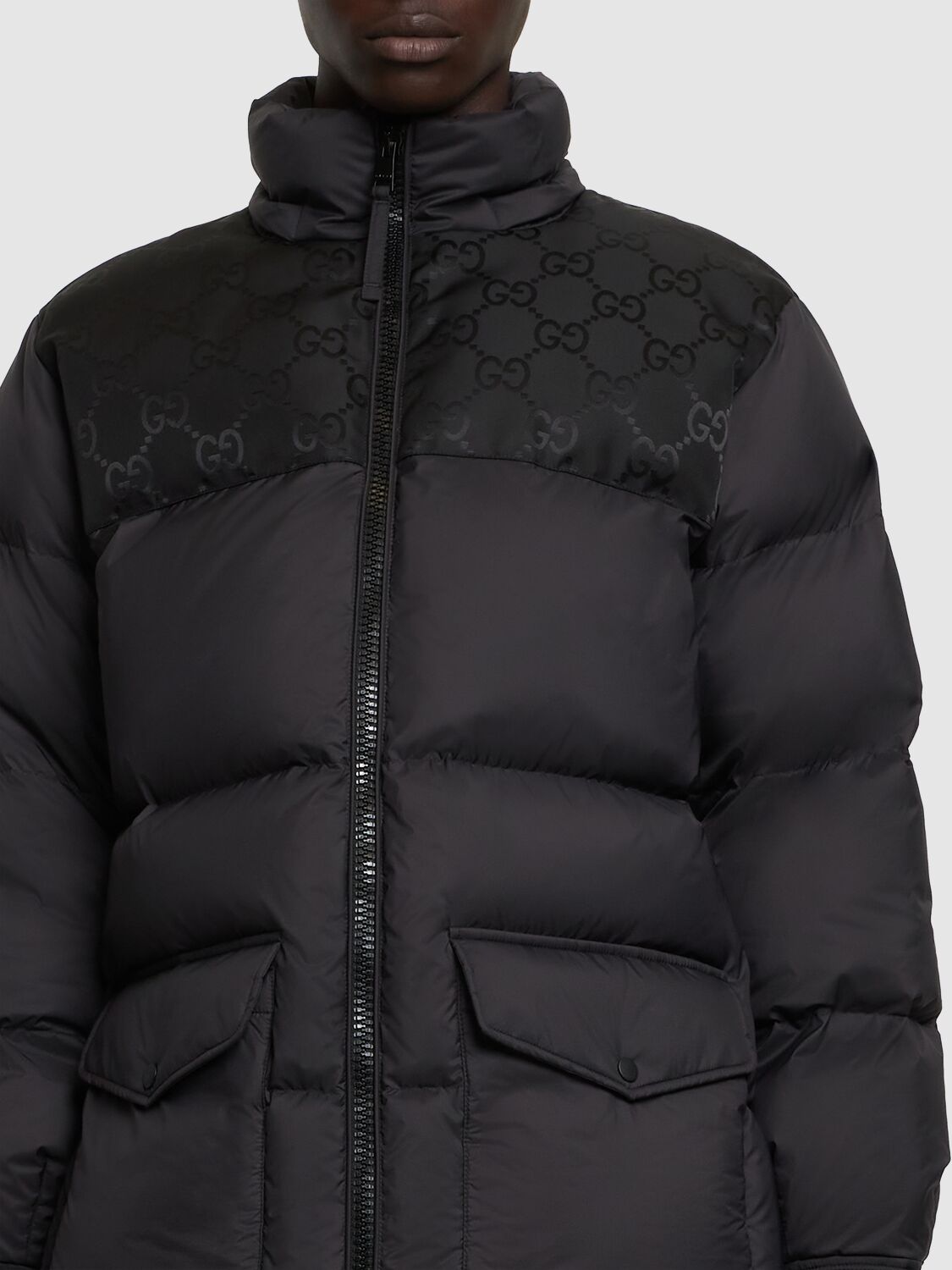 Shop Gucci Ripstop Nylon Down Jacket W/ Gg Details In Black