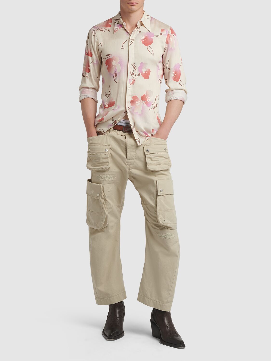 Shop Dsquared2 Floral Printed Viscose Shirt In Off White Lilac