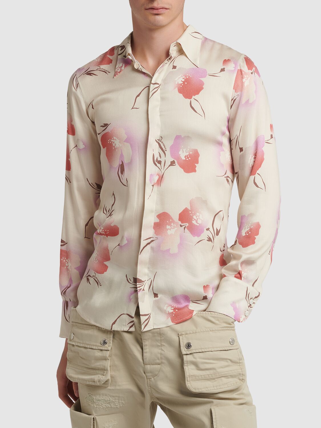 Shop Dsquared2 Floral Printed Viscose Shirt In Off White Lilac