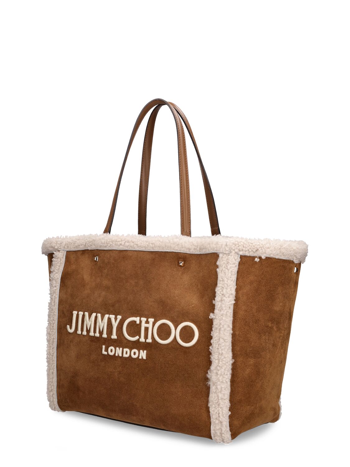 Shop Jimmy Choo Avenue Shearling Tote Bag In Khaki,brown,natural