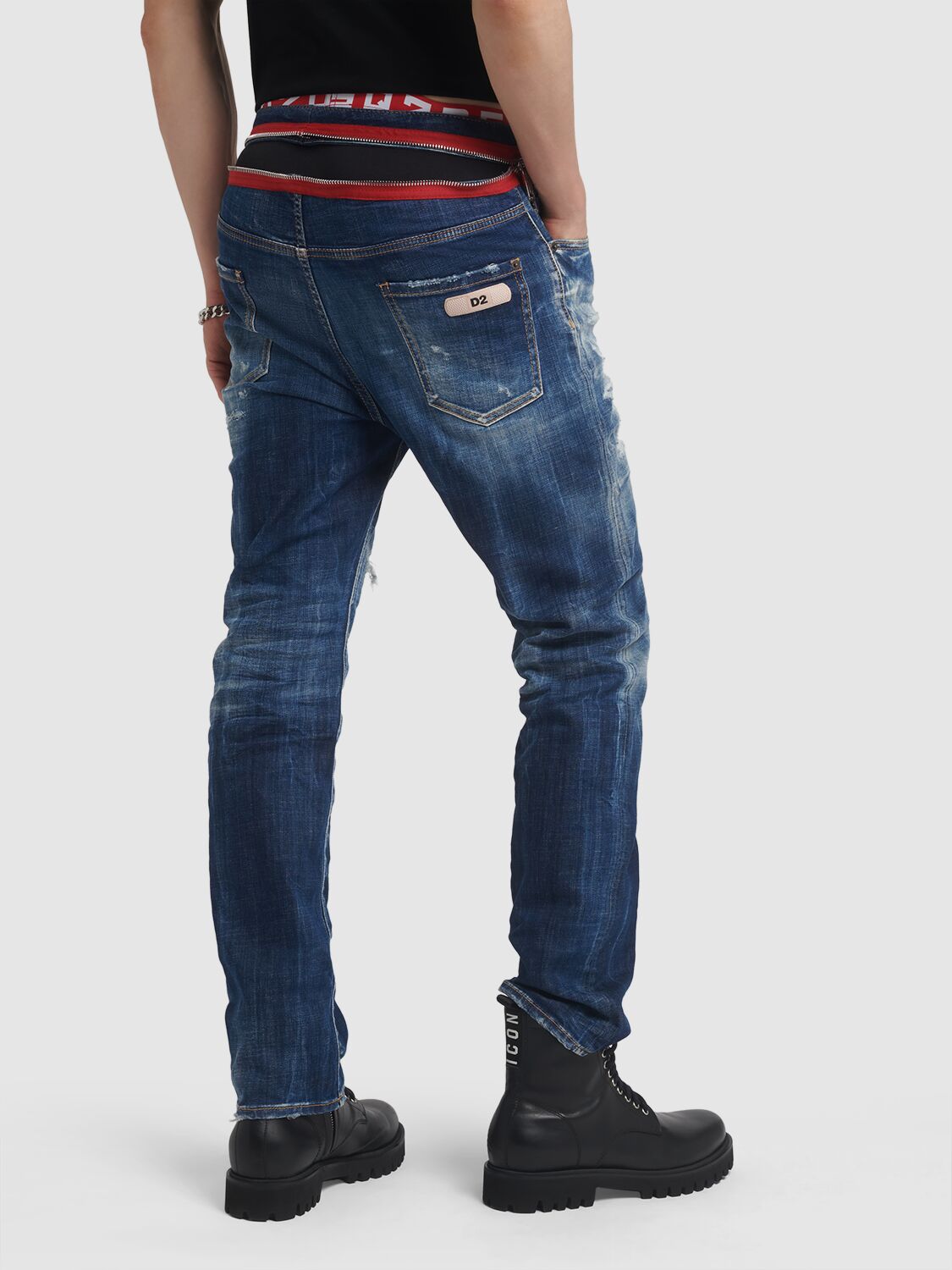 Shop Dsquared2 642 Fit Zipped Cotton Denim Jeans In Navy