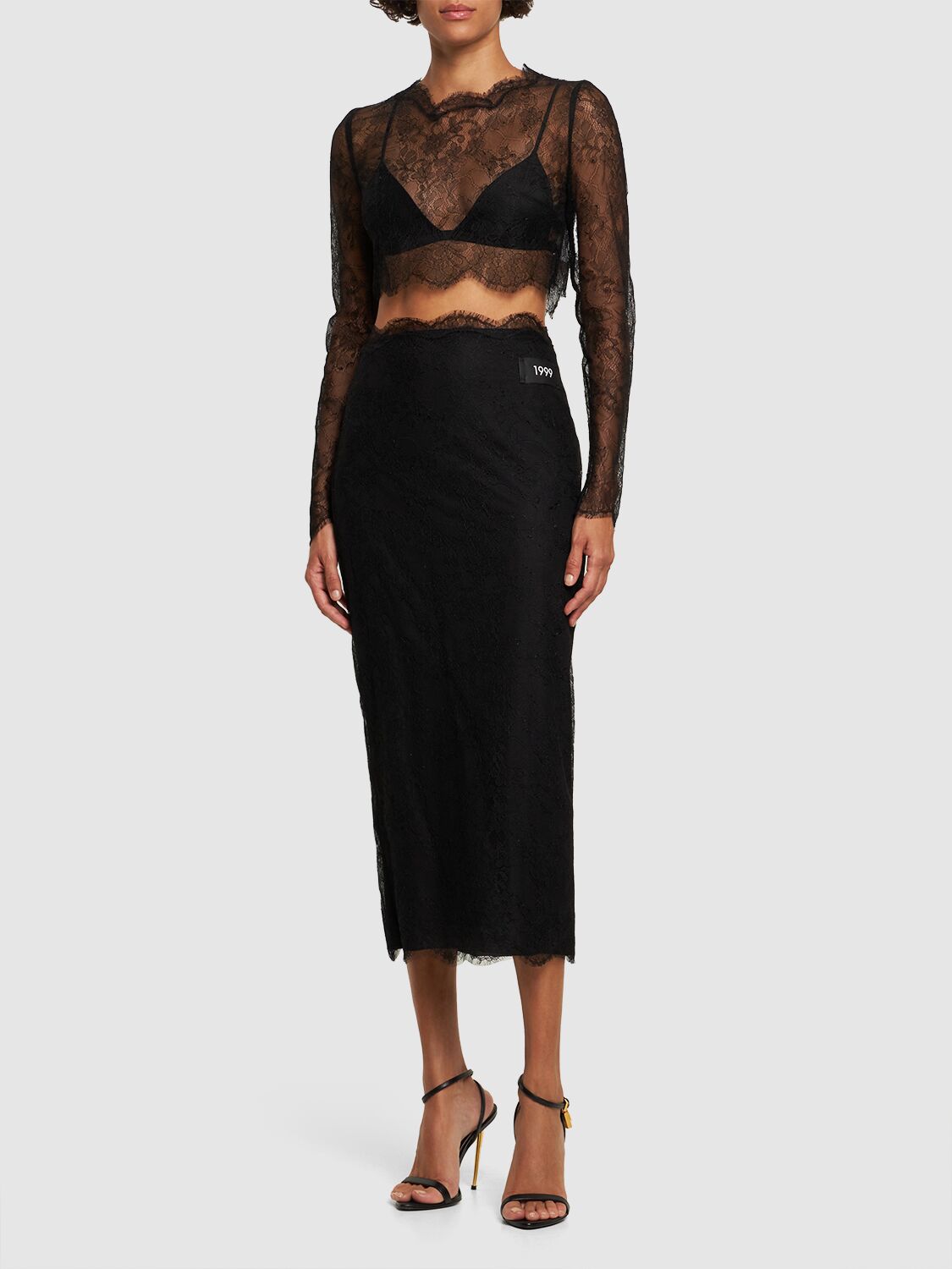 Dolce & Gabbana Chantilly Fil Coupé Lace Midi Skirt In Black