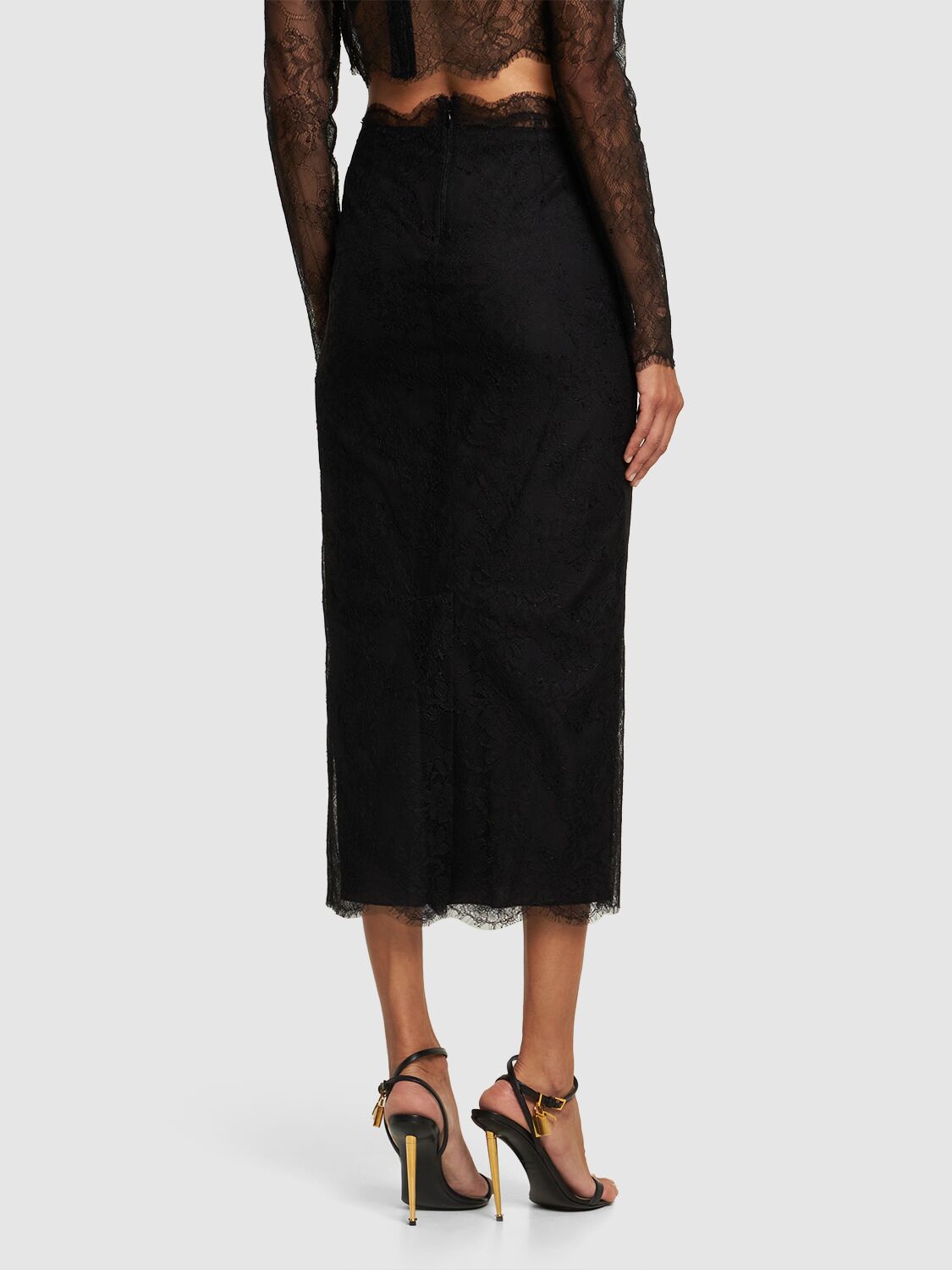 Dolce & Gabbana Chantilly Fil Coupé Lace Midi Skirt In Black