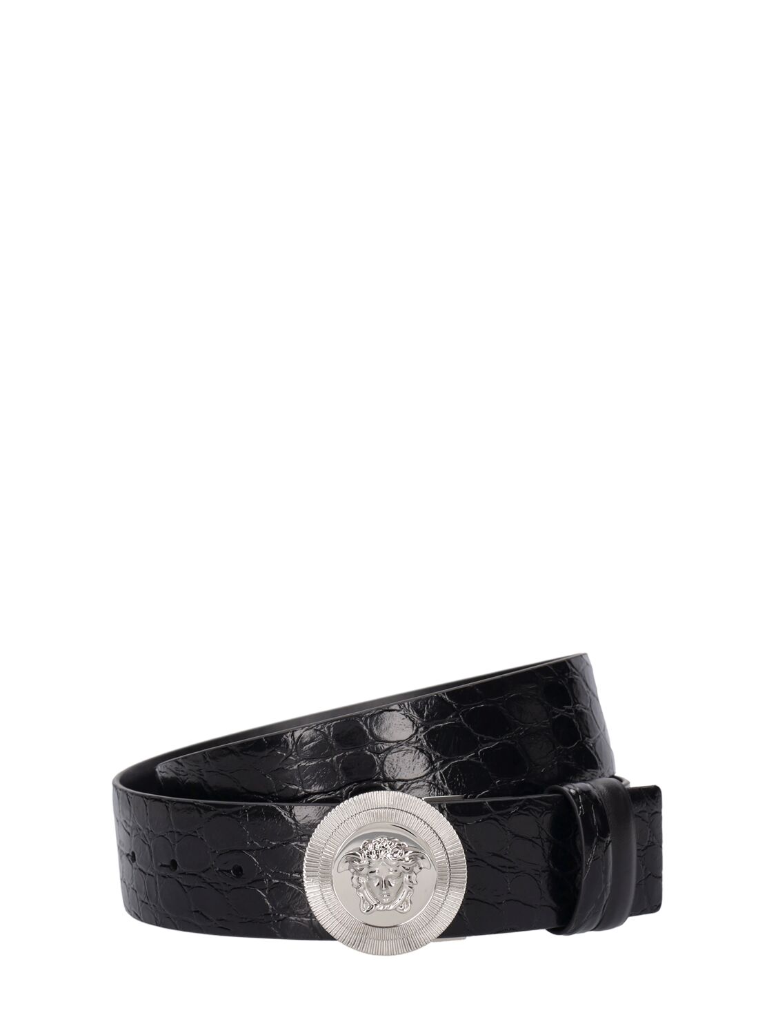Versace 4cm Reversible Croc Embossed Belt In Black,palladium