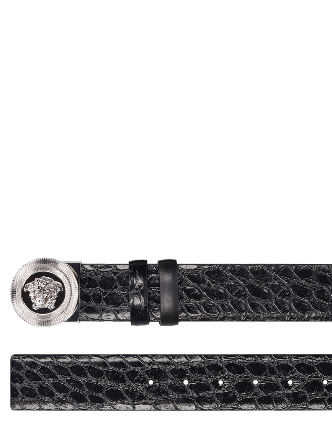 Shop Versace 4cm Reversible Croc Embossed Belt In Black,palladium