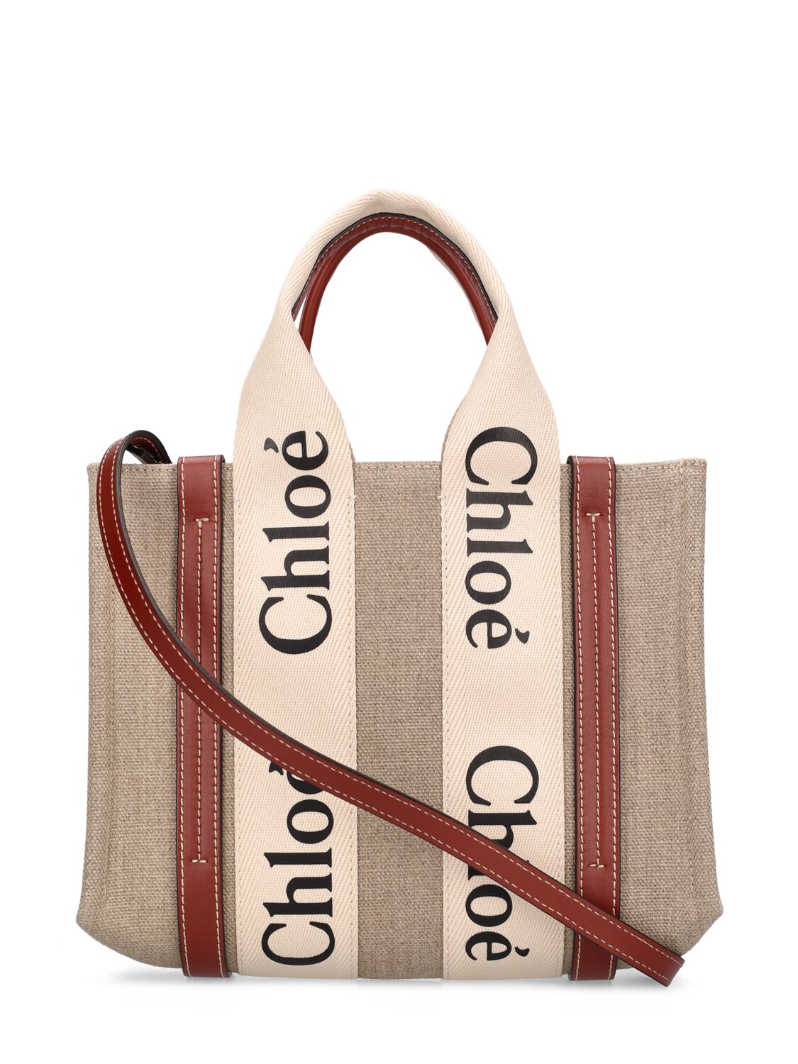 Shop Chloé Small Woody Canvas Top Handle Bag In White - Brown 1