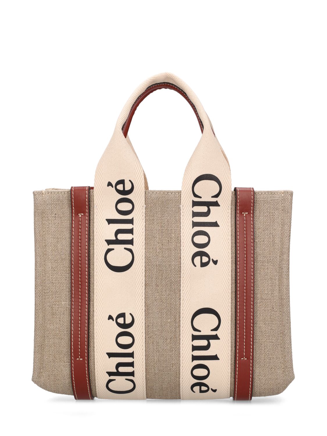 Chloé Small Woody Canvas Top Handle Bag In White - Brown 1