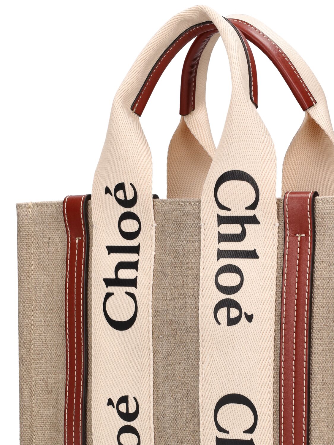 Shop Chloé Small Woody Canvas Top Handle Bag In White - Brown 1