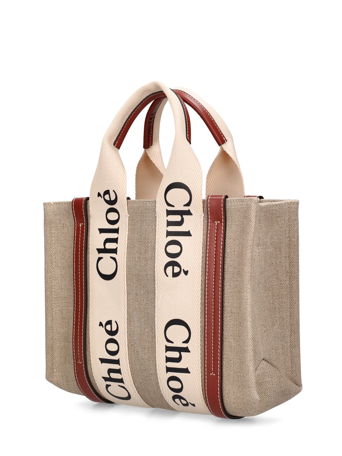 Shop Chloé Small Woody Canvas Top Handle Bag In White - Brown 1