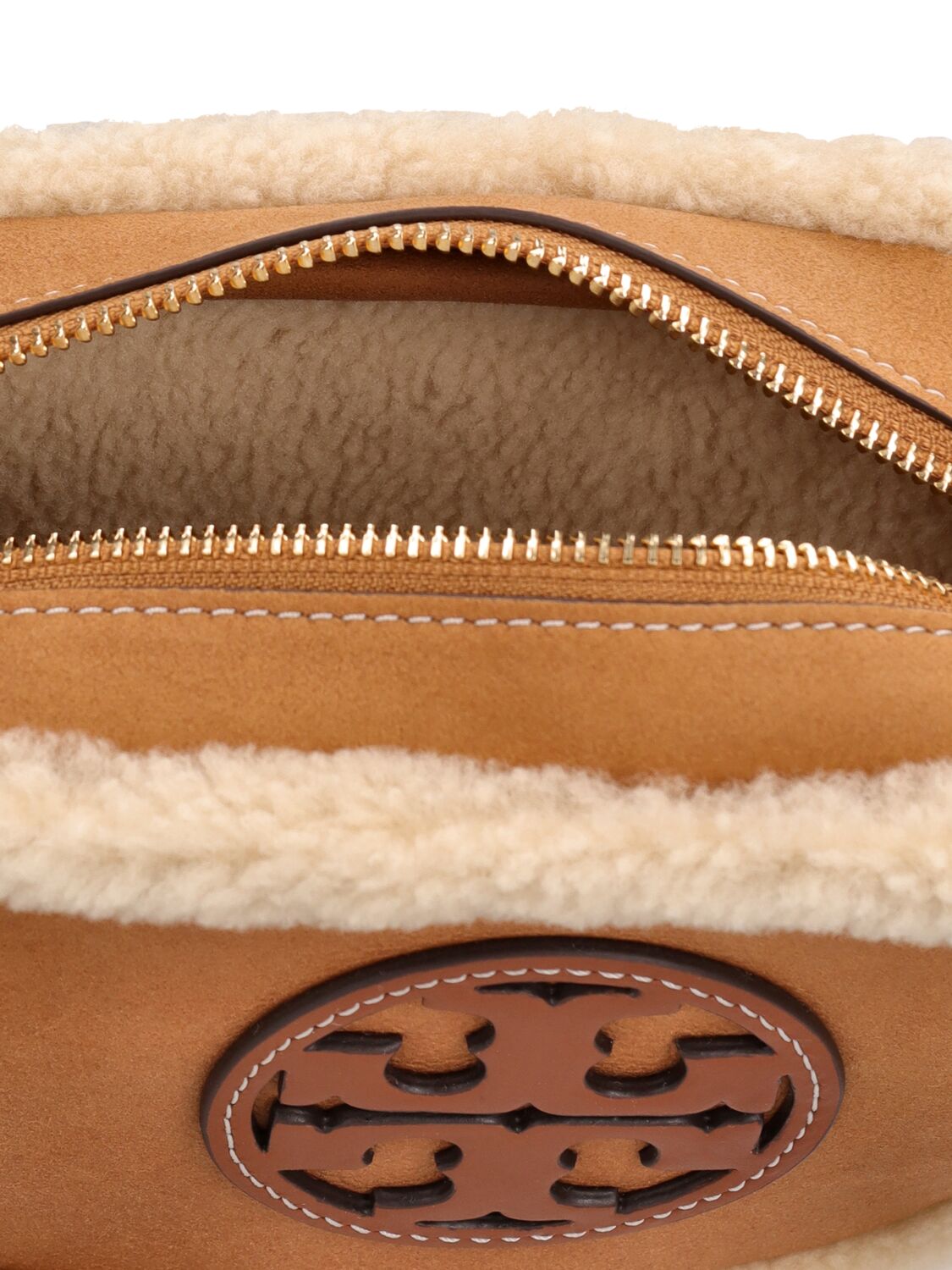 Shop Tory Burch Mini Miller Shearling Crossbody Bag In Tan