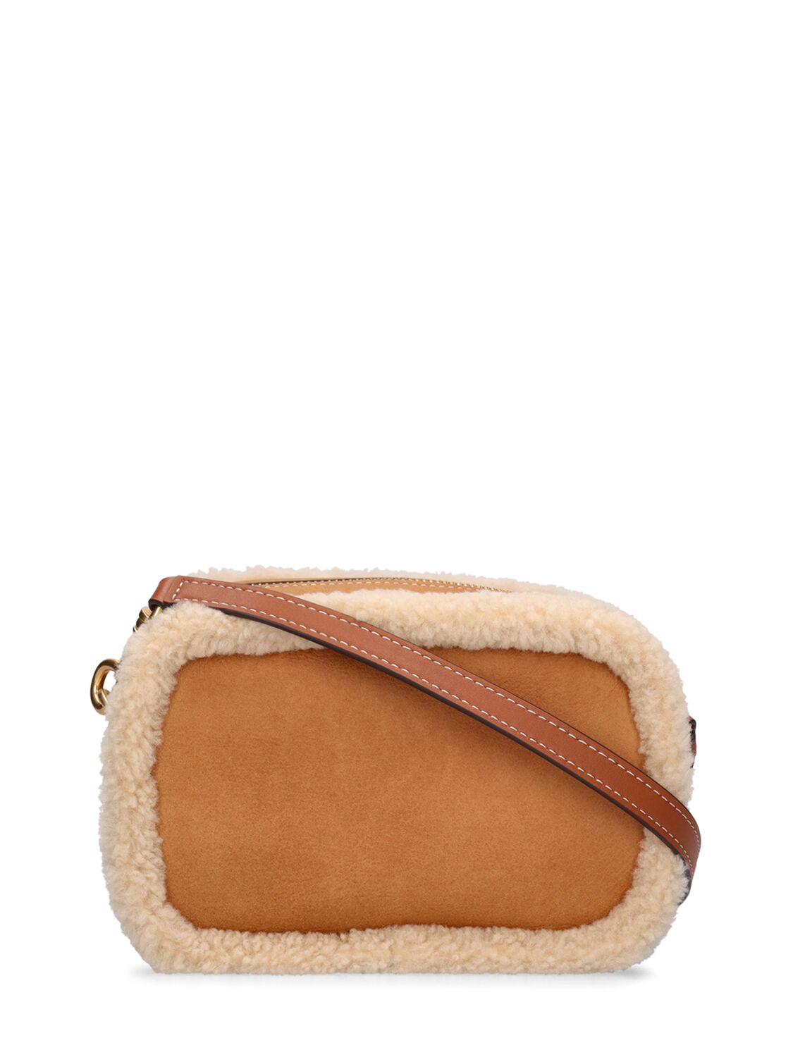 Shop Tory Burch Mini Miller Shearling Crossbody Bag In Tan