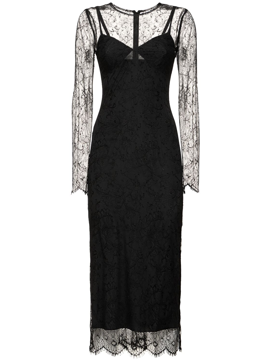 Dolce & Gabbana Chantilly Lace Long Sleeve Midi Dress In Black