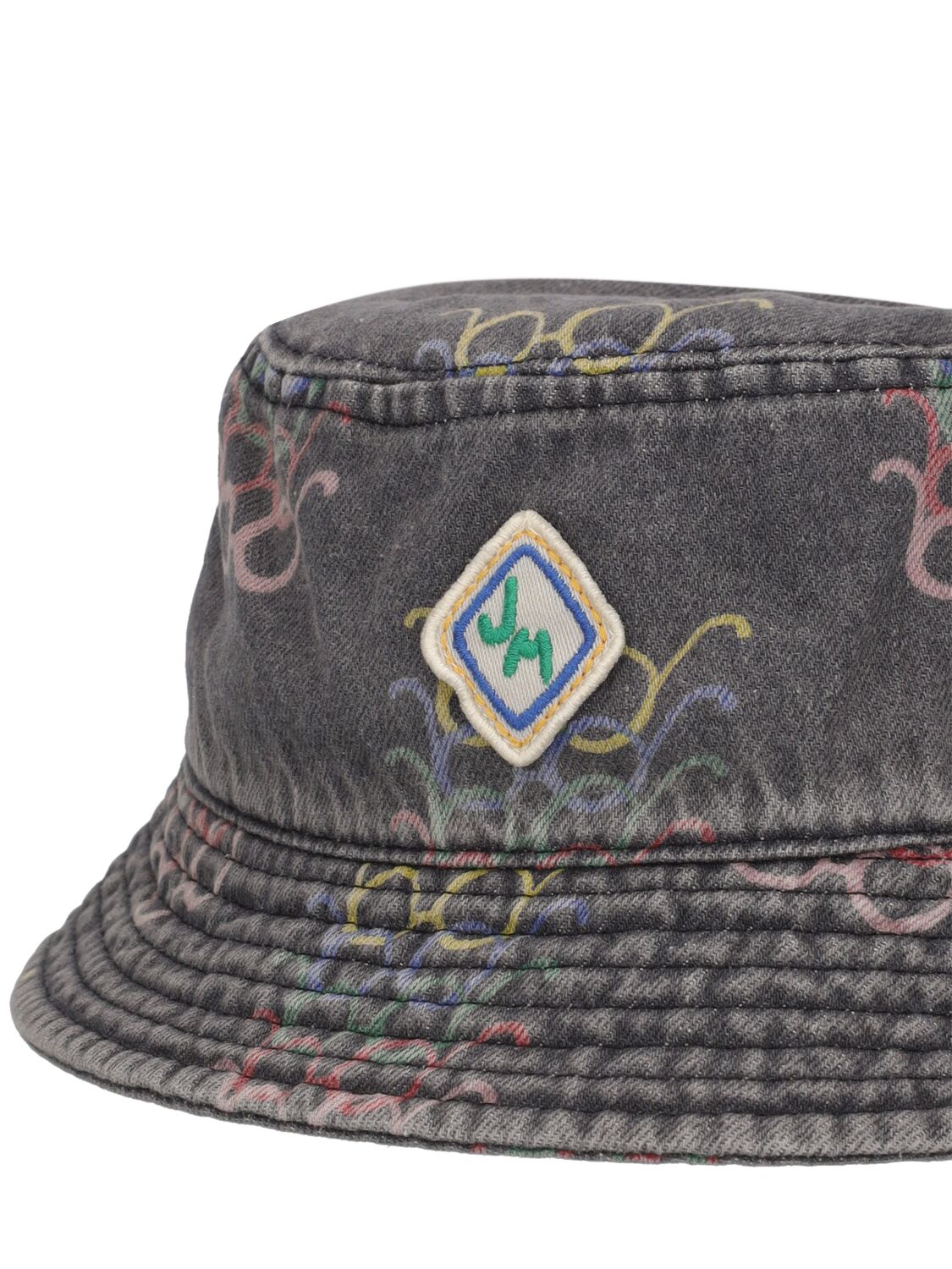 Shop Jellymallow Printed Cotton Denim Bucket Hat In Black