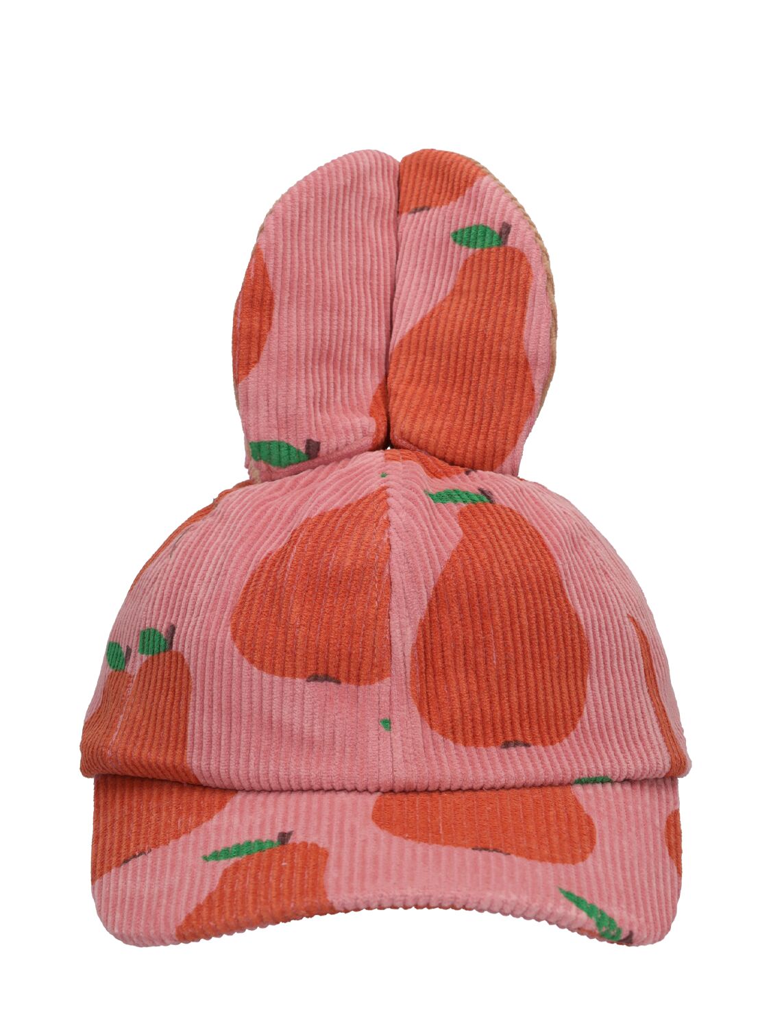 Jellymallow Kids' Pear Print Corduroy Baseball Hat W/ears In Pink,multi