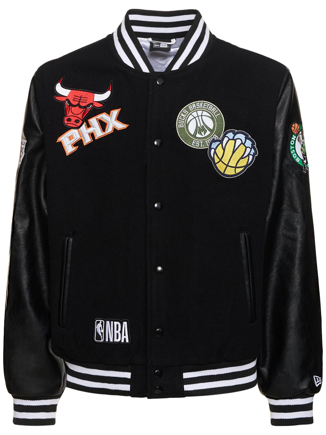 New Era Nba Nba All Over Badge Varsity Jacket In Black