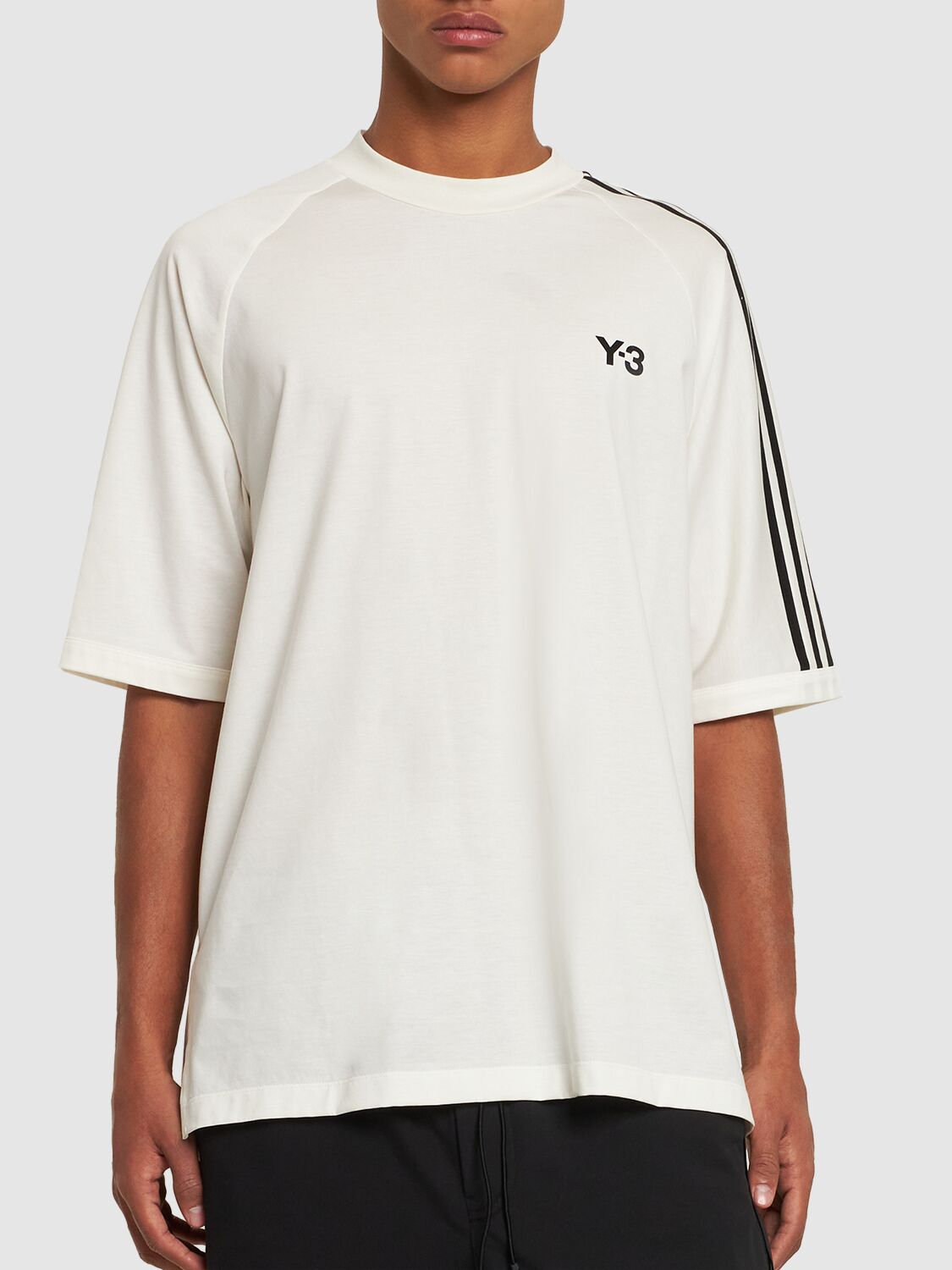 Shop Y-3 3-stripe Logo Cotton T-shirt In Owhite,black