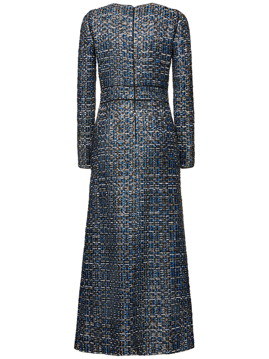 Shop Giambattista Valli Lurex Tweed Long Sleeve Midi Dress In Blue,gold