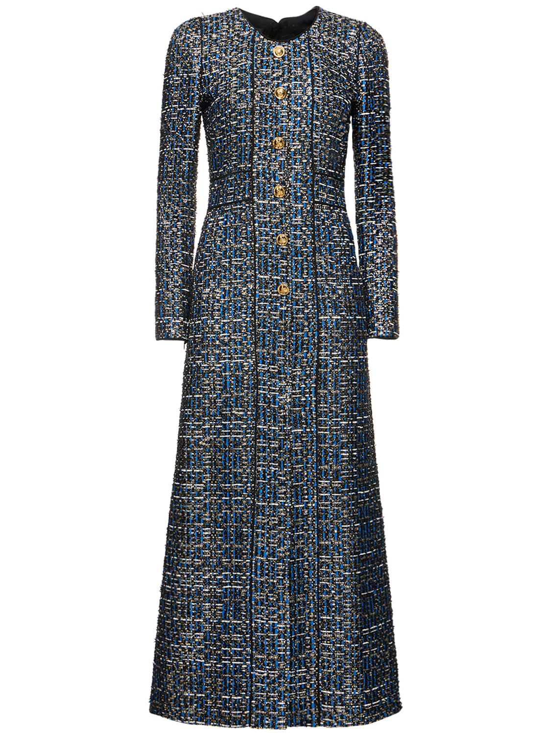Giambattista Valli Lurex Tweed Long Sleeve Midi Dress In Blue,gold