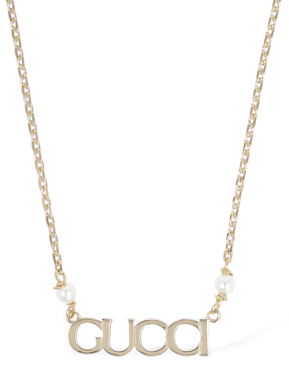 Shop Gucci Lettering Brass & Crystal Necklace In Cream