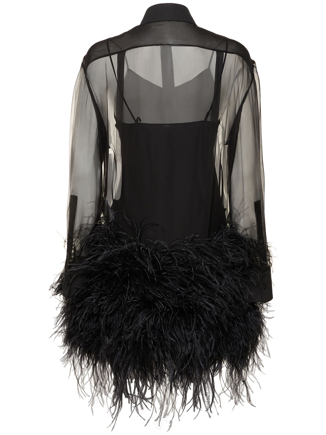 Shop Valentino Silk Chiffon Mini Shirt Dress W/feathers In Black