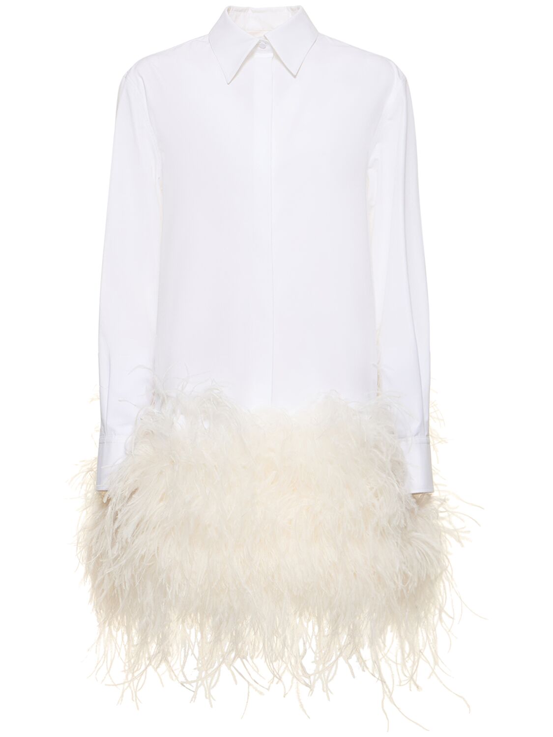 Valentino Feathered Cotton Poplin Mini Shirt Dress In White